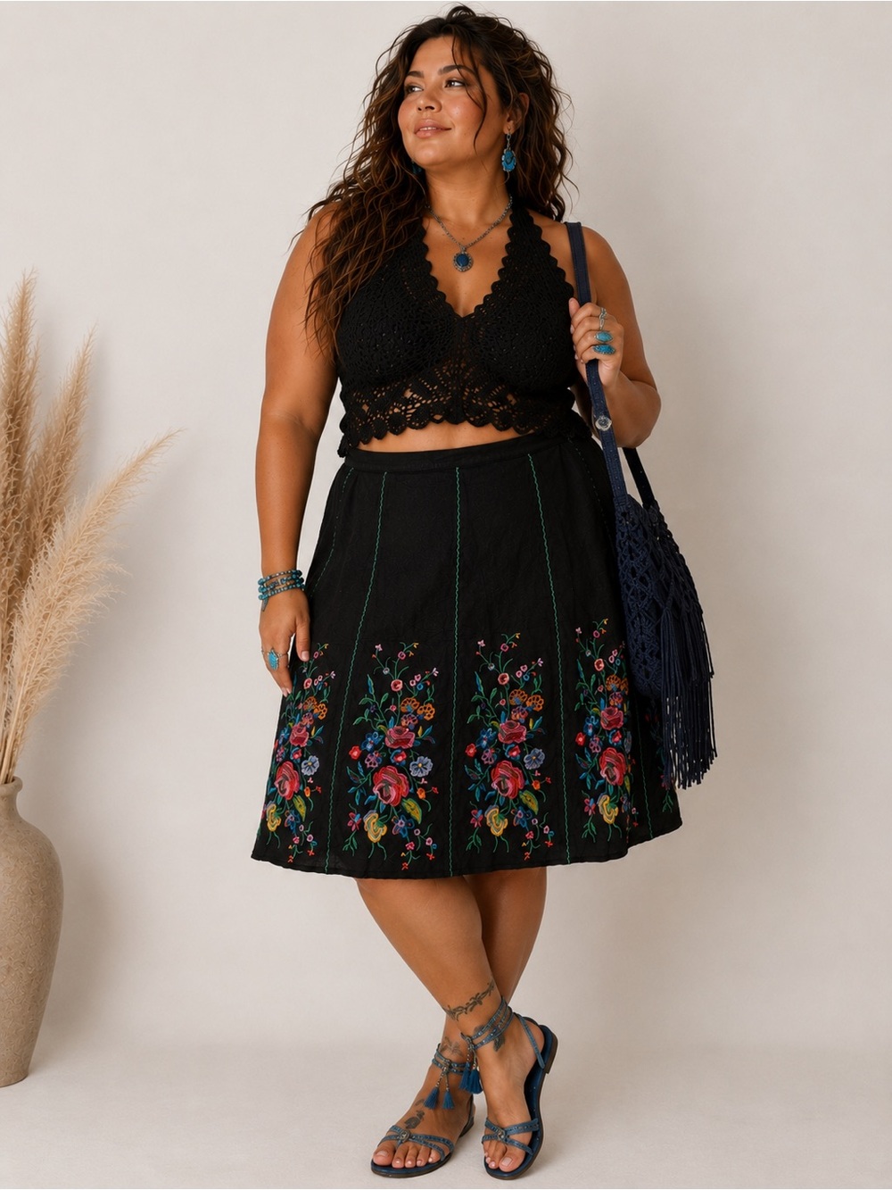 Vintage Live a Little Louis Dell’Olio Embroidered Linen Blend Floral Skirt 18W
